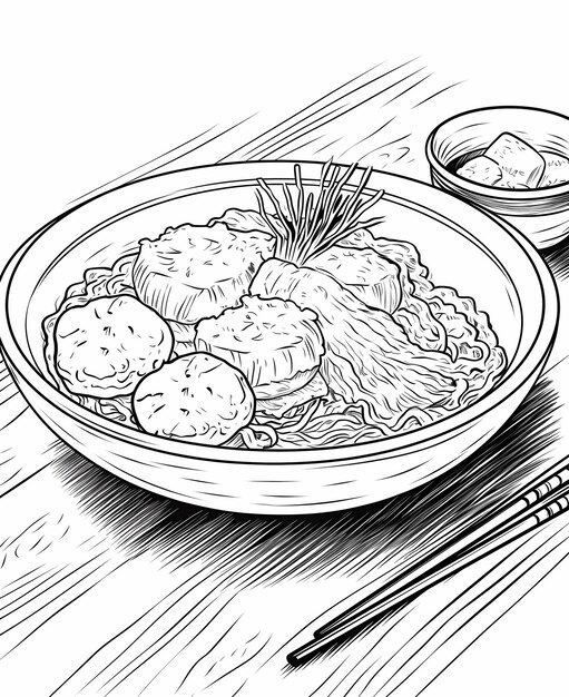 Photo bowl of ramen with fish cakes bold lines coloring pages crisp lines