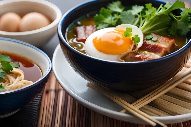 A bowl of ramen with a fried egg and bacon