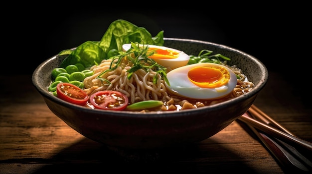 A bowl of ramen with a green leaf on top