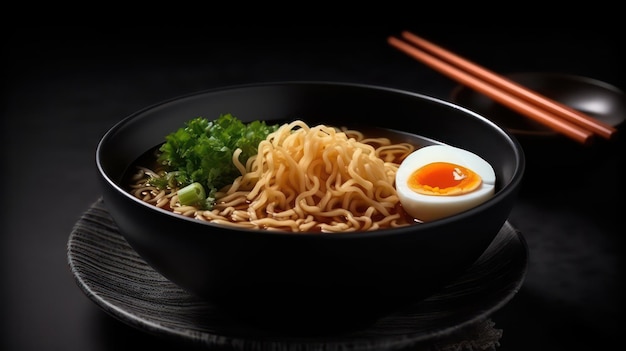 A bowl of ramen with a hard boiled egg on the side