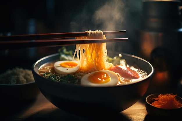 A bowl of ramen with a pair of chopsticks holding a pair of chopsticks above a bowl of ramen