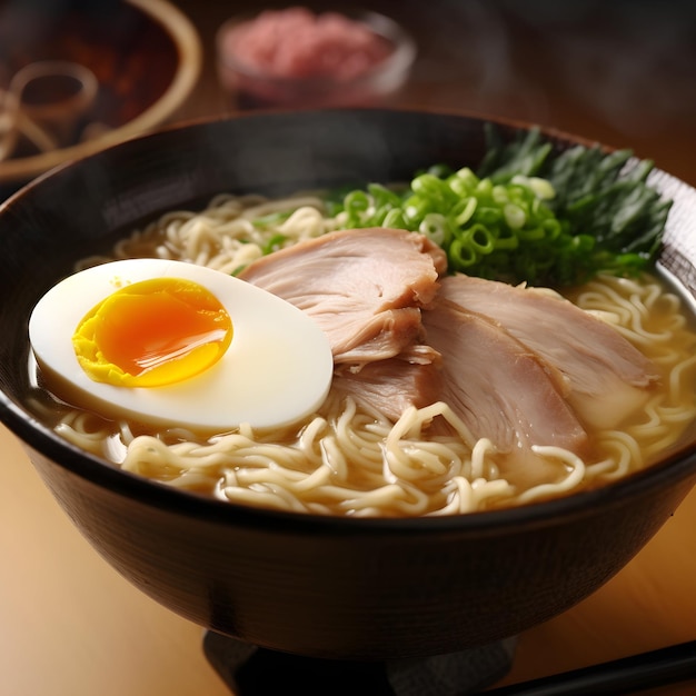 A bowl of ramen with a piece of meat on top of it.