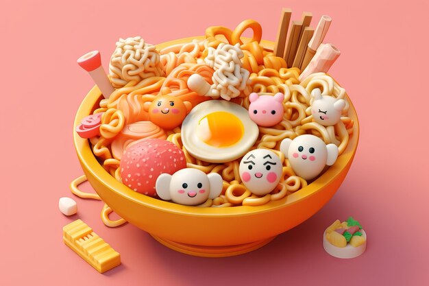 A bowl of ramen with a pig face on it