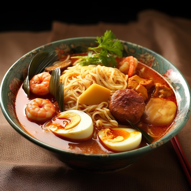 A bowl of ramen with a red sauce and shrimp on top.