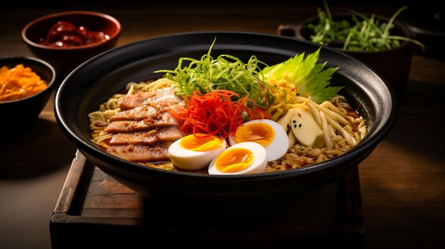 A bowl of ramen with thick soup and noodles