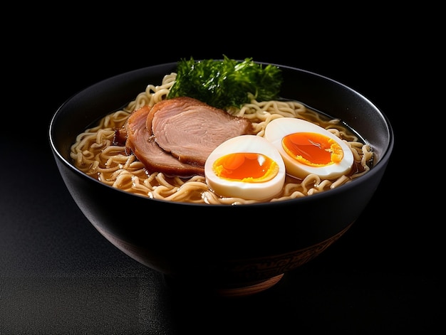 Photo a bowl of ramen with two halves of meat, two eggs, and two ramen noodles.
