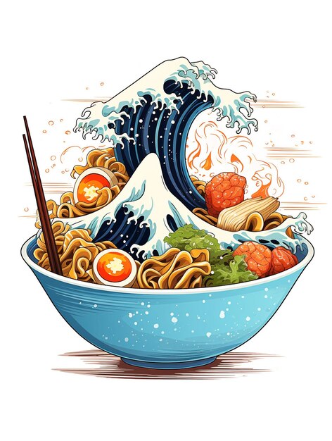 A bowl of ramen with a wave