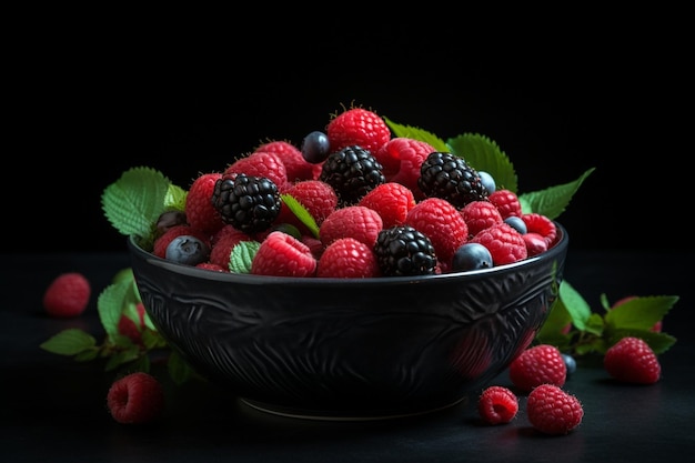 A bowl of raspberries and blackberries with leaves on a black background