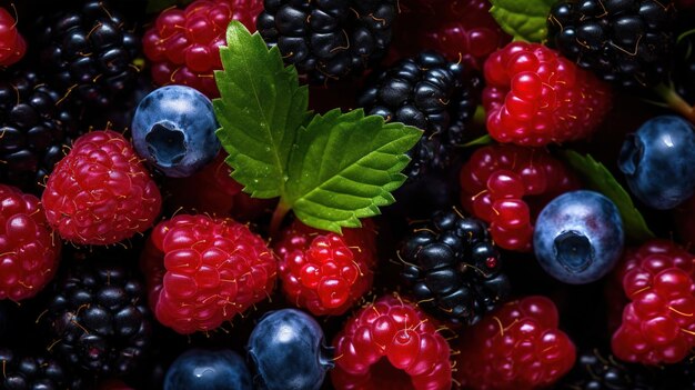 A bowl of raspberries and blueberries