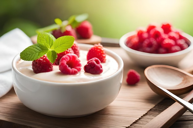 A bowl of raspberries and a bowl of raspberries