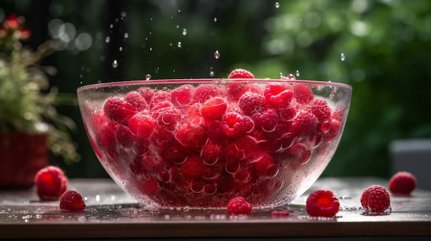 A bowl of raspberries is in the rain.