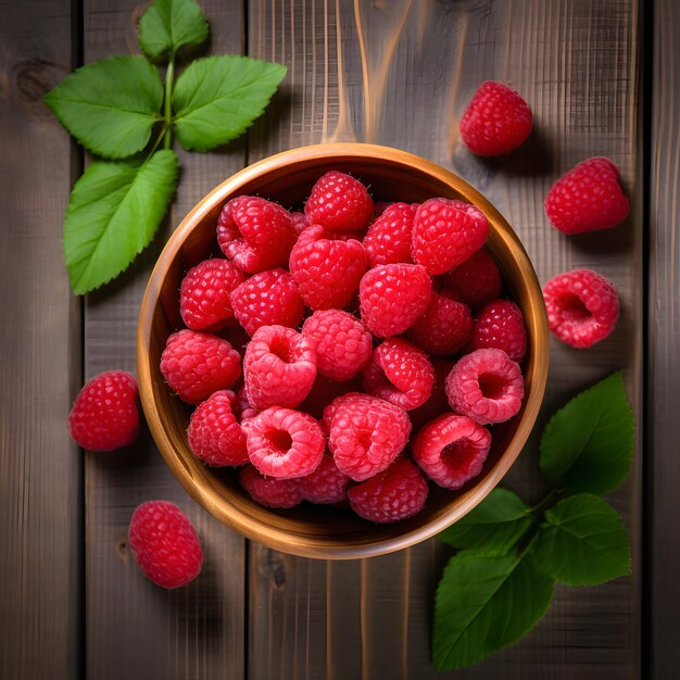 a bowl of raspberries and leaves