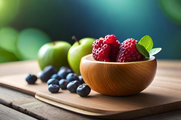 A bowl of raspberries and raspberries on a wooden table