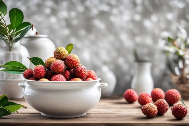 a bowl of raspberries sits on a table with a candle in the background