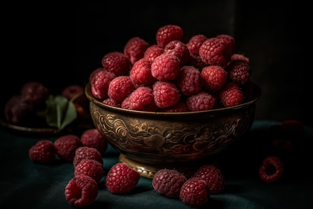 A bowl of raspberries sits on a table with a green background.