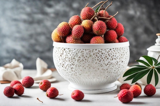 a bowl of raspberries with a leaf on the side