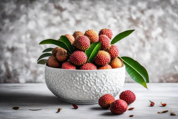 a bowl of raspberries with leaves on a table