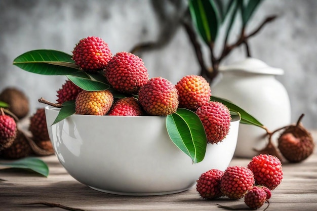 a bowl of raspberries with leaves on the table