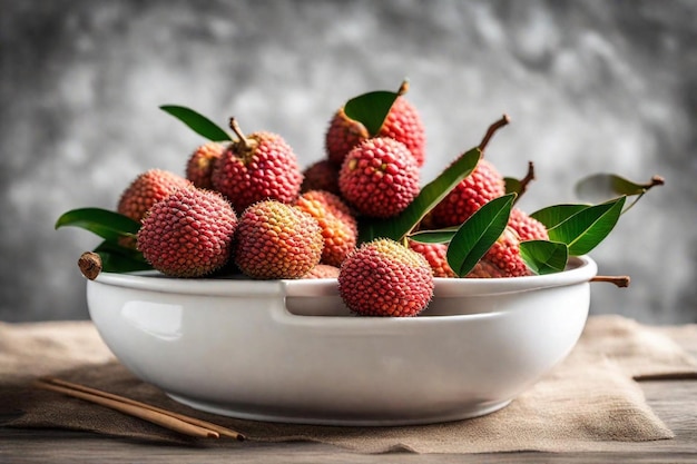 a bowl of raspberries with leaves on a table