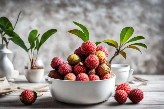 a bowl of raspberries with a plant in the background