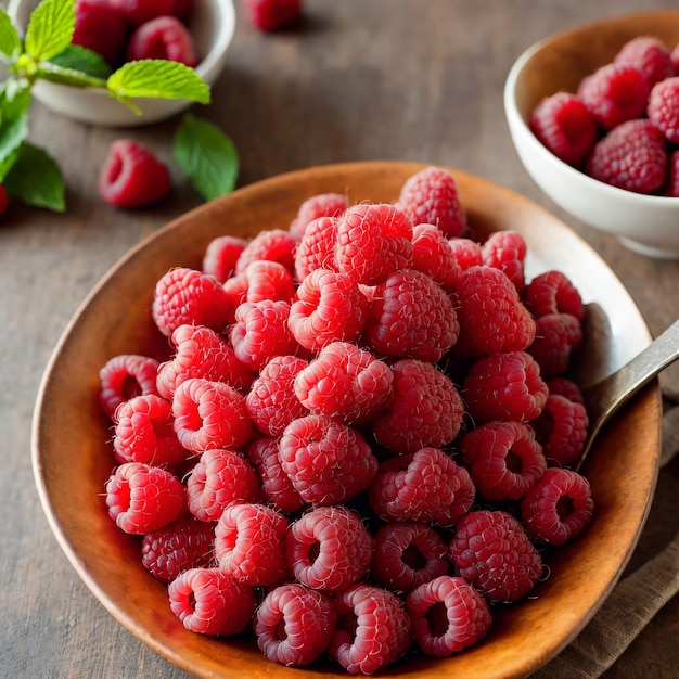 A bowl of raspberries with a spoon in it