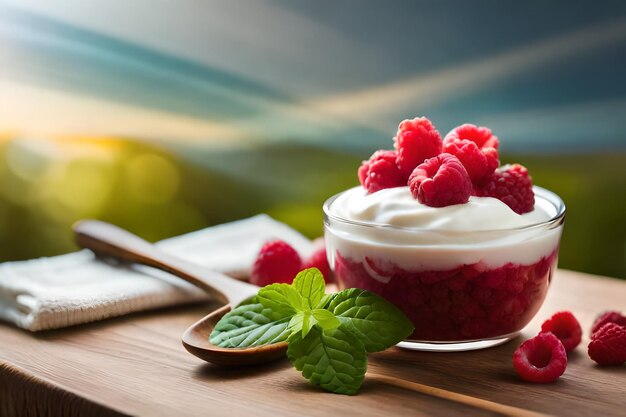 a bowl of raspberry cheesecake with a spoon on a plate with a menu in the background.