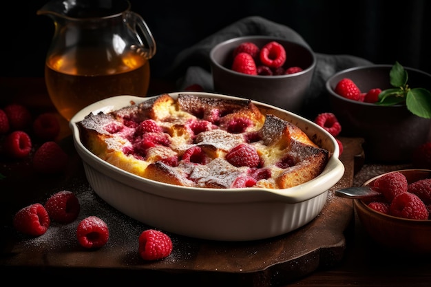 A bowl of raspberry french toast with raspberries on a wooden table.