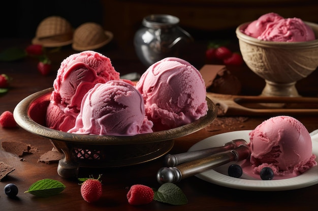 A bowl of raspberry ice cream sits on a table with other desserts.