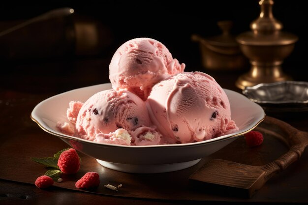 A bowl of raspberry ice cream with raspberries on top