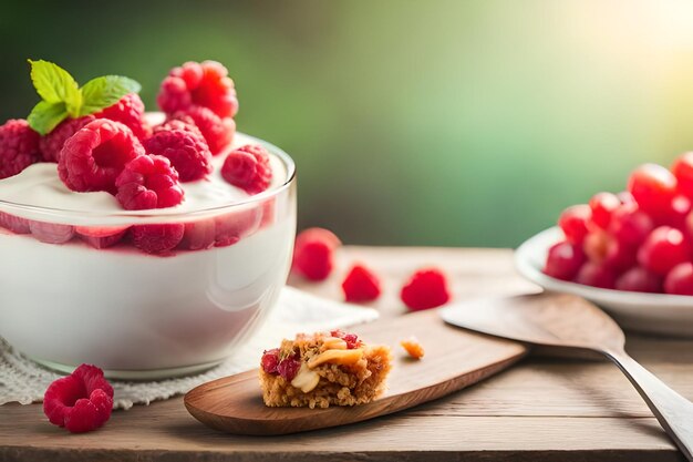 A bowl of raspberry oatmeal with raspberries on a wooden table