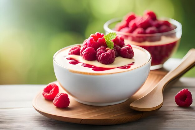 A bowl of raspberry sauce with a bowl of raspberries on a wooden tray