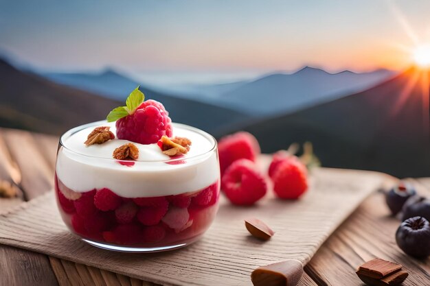 a bowl of raspberry sauce with a mountain in the background.