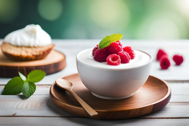 A bowl of raspberry sauce with raspberries on a wooden table