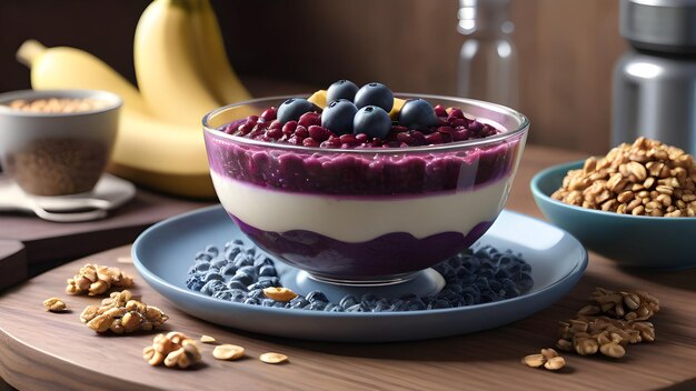 a bowl of raspberry yogurt with a blue bowl of fruit