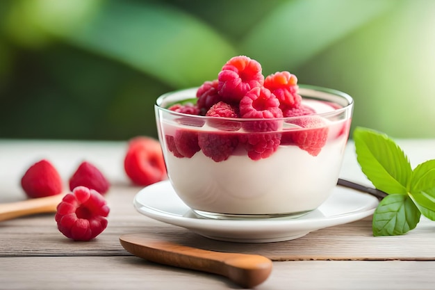 A bowl of raspberry yogurt with raspberries on a wooden table