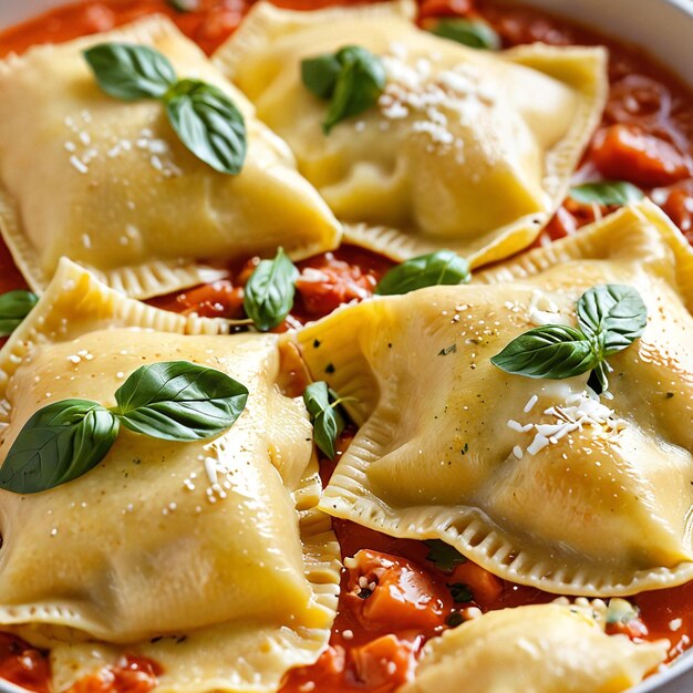 Foto una ciotola di ravio con salsa di pomodoro e par