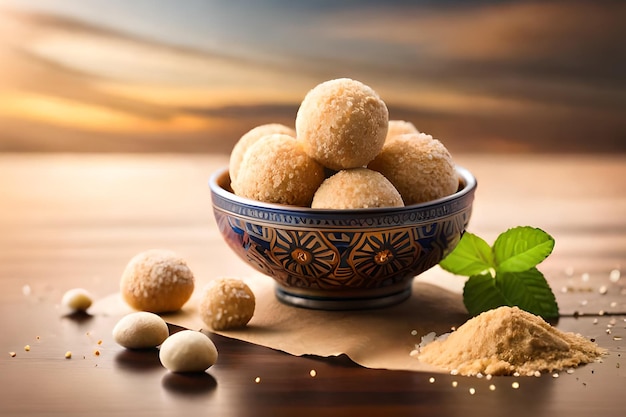 Photo a bowl of raw coconut balls sits on a table with some powdered sugar on it.