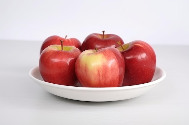 하얀 탁자 위에 빨간 사과 한 그릇이 있다.