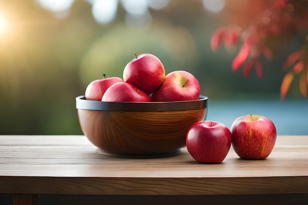 A bowl of red apples sits on a wooden table with a blurred background.