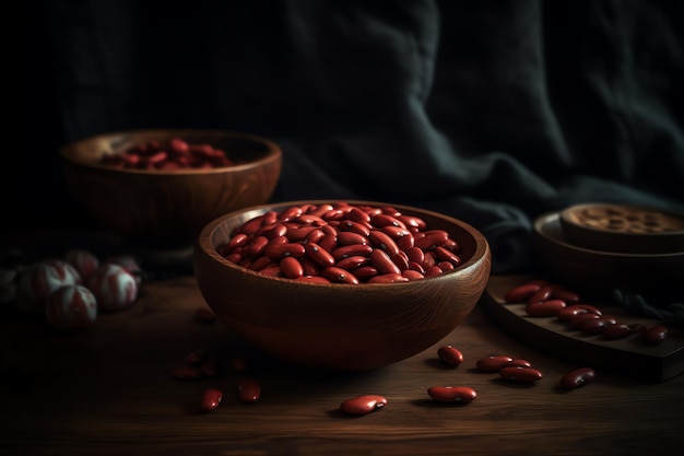 A bowl of red beans sits on a table with a black background.