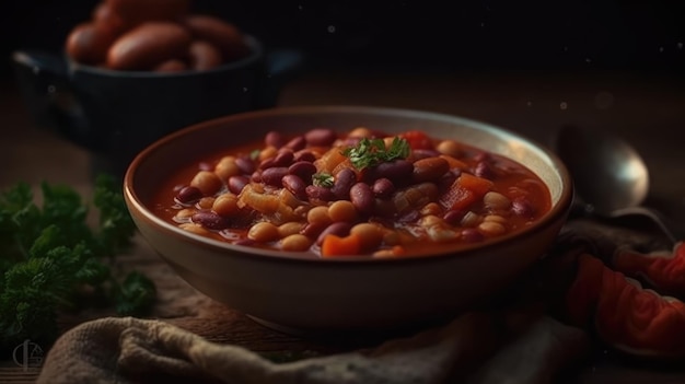 A bowl of red beans with a green leaf on the side