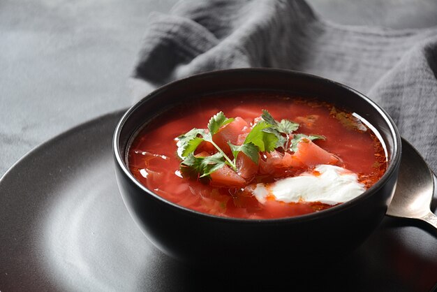 Bowl of red beet root soup -Traditional Ukrainian Russian borscht