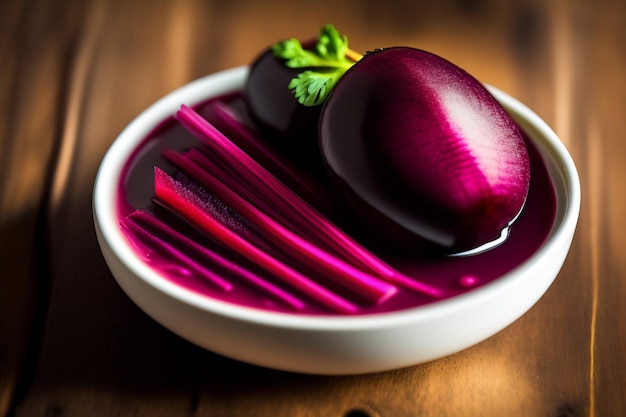 A bowl of red beets with a green leaf on top