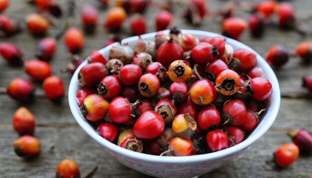 A bowl of red berries on a table