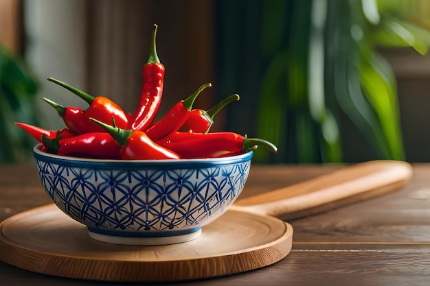 A bowl of red chili peppers sits on a table.