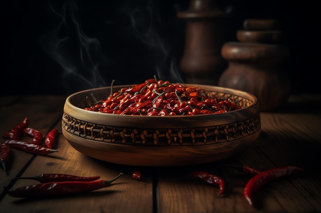 Photo a bowl of red chili peppers with a black background