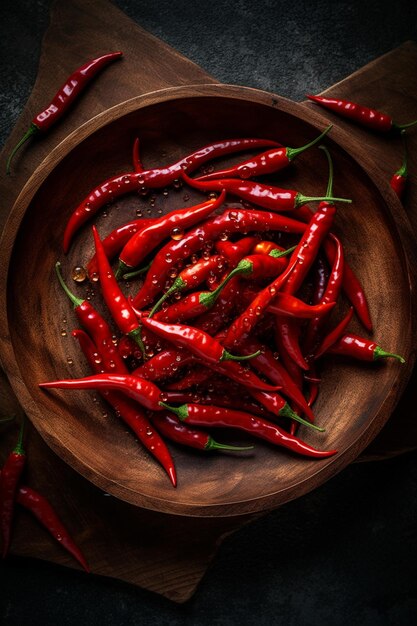 A bowl of red chili peppers with green leaves on the side