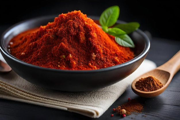 A bowl of red chilli powder sits on a table.