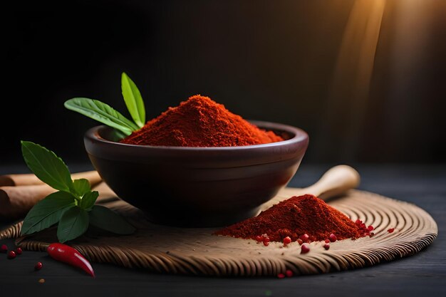 A bowl of red chilli next to a wooden bowl with a green leaf next to it.