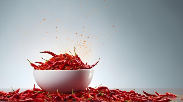 A bowl of red chilly powder over red chilly powder on a table with a white background copy space